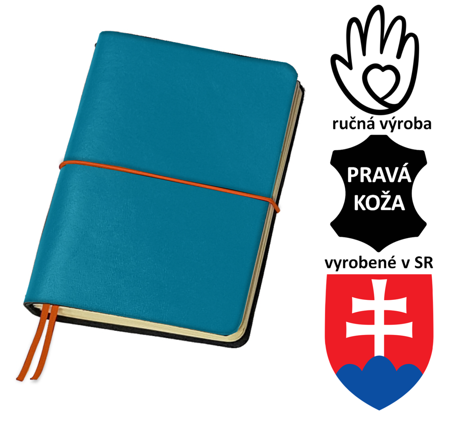 FLEXI ("M")- farba: Tyrkys + oranž; kožený zápisník - 2025, TO-DO, čisté strany