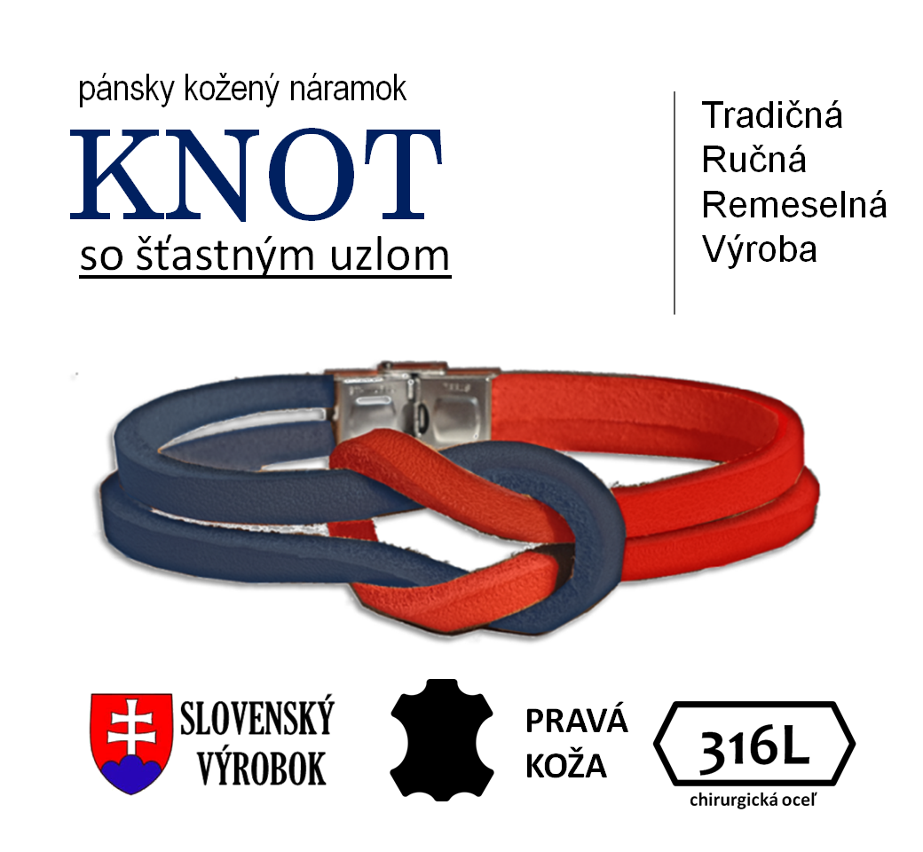 KNOT (modro-červený) pánsky kožený náramok s uzlom pre šťastie - ľubovoľná dĺžka