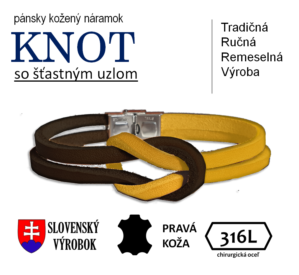 KNOT (čierno-žltá) pánsky kožený náramok s uzlom pre šťastie - ľubovoľná dĺžka