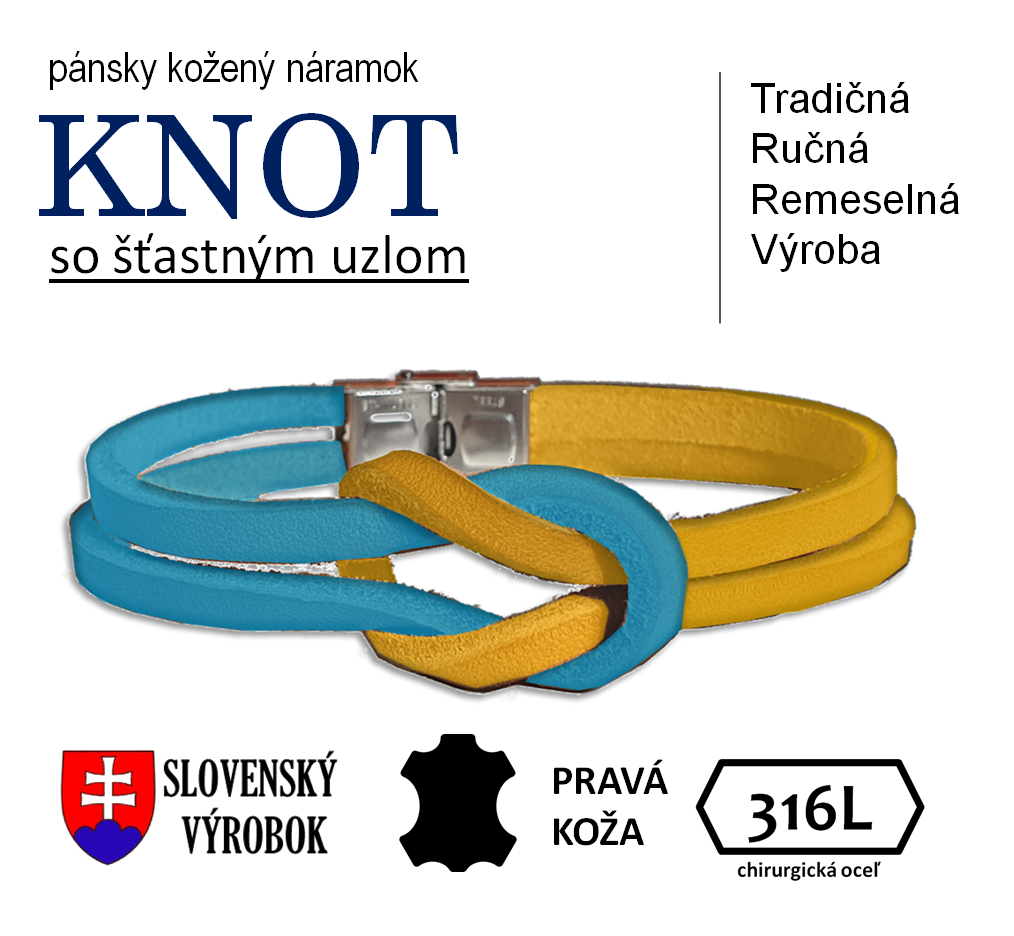 KNOT (tyrkys+žltá) pánsky kožený náramok s uzlom pre šťastie - ľubovoľná dĺžka