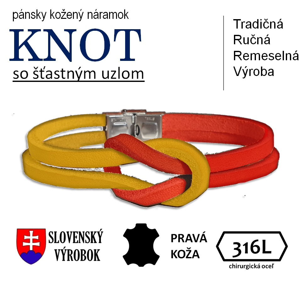 KNOT (červená+žltá) pánsky kožený náramok s uzlom pre šťastie - ľubovoľná dĺžka