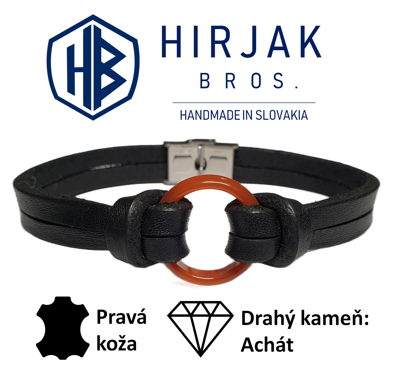 CIRCLE - kožený náramok z čiernej kože a oranžovým kameňom: achát - 21cm