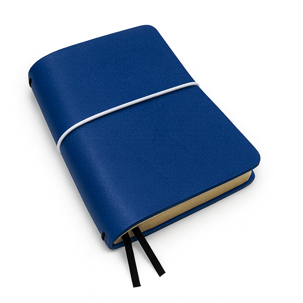 FLEXI ("M")-farba: ROYAL BLUE s bielymi doplnkami -  modrá; kožený zápisník - 2025, TO-DO, čisté strany
