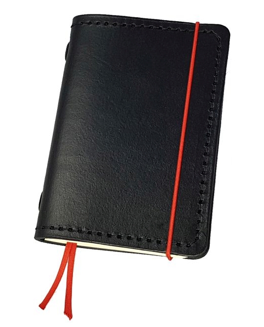 SMART- doplniteľný kožený zápisník;14,5x10 cm; čierny +červené doplnky