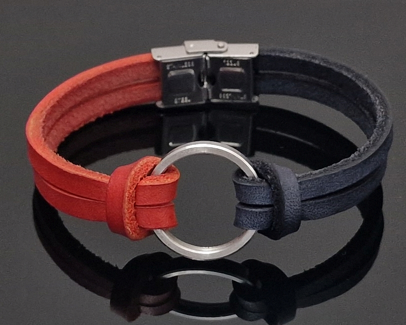 HIRJAK BROS. model ELEGANT BLACK RED - náramok z chirurgickej ocele a čiernej a červenej kože; 21cm x 1cm (DxŠ)